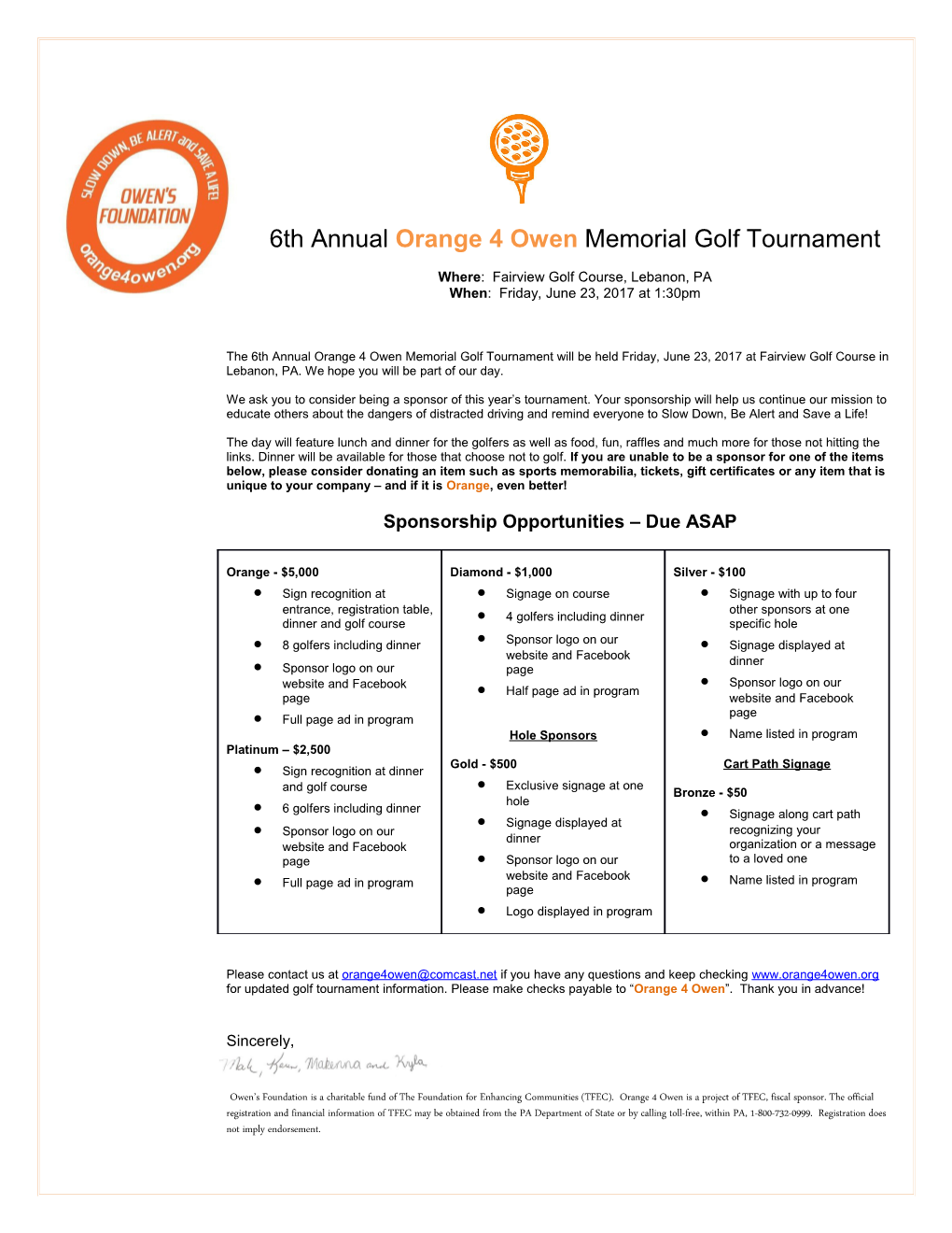 6Th Annual Orange 4 Owen Memorial Golf Tournament