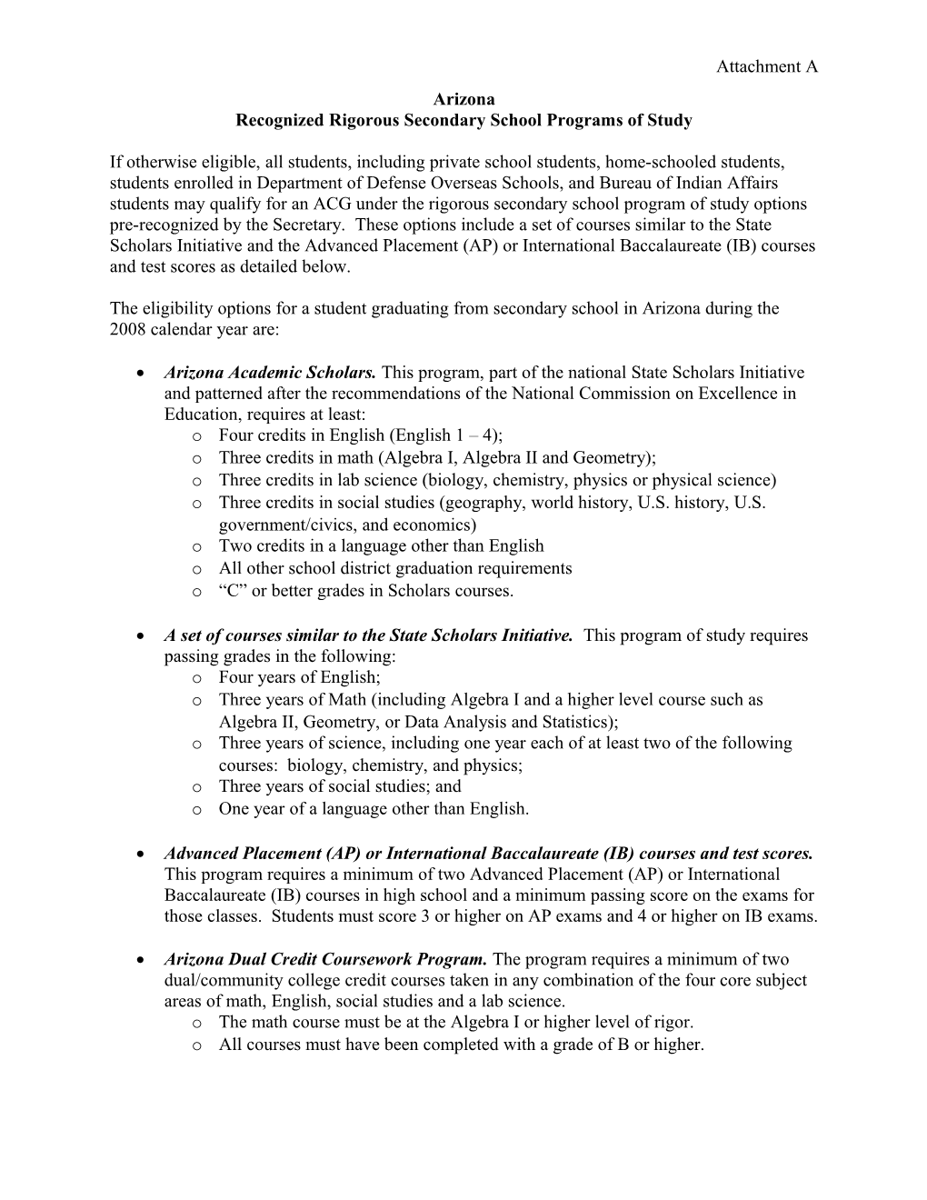 Academic Competitiveness Grants - Attachment to Arizona Letter - 2008 (MS Word)