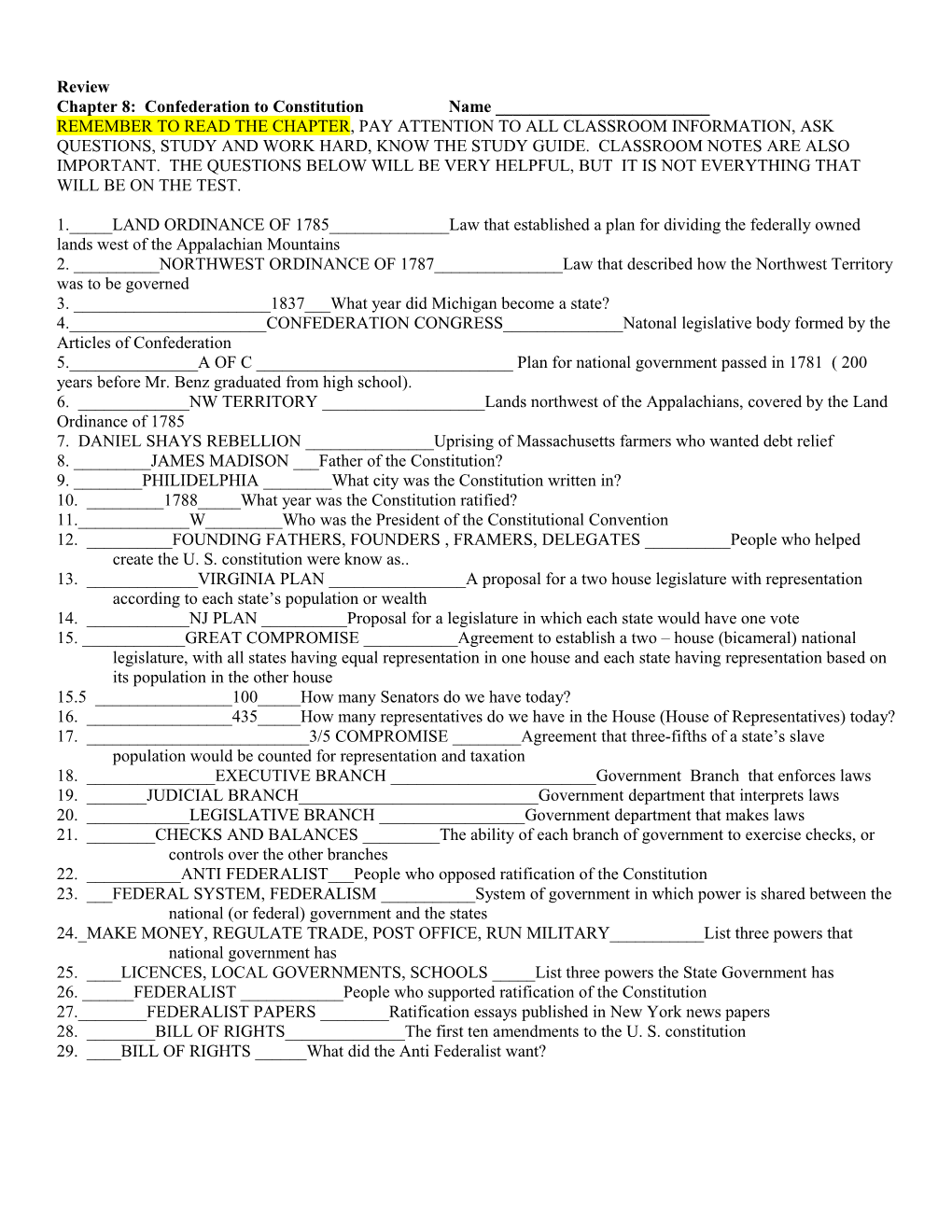 Chapter 8: Confederation to Constitution Name ______