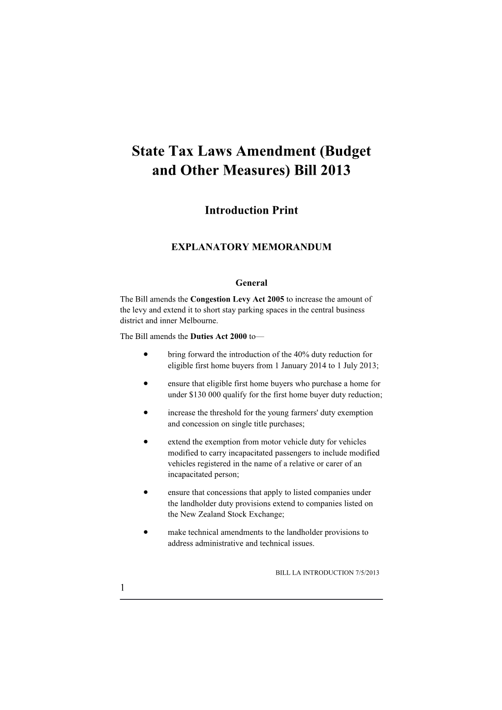 State Tax Laws Amendment (Budget and Other Measures) Bill 2013