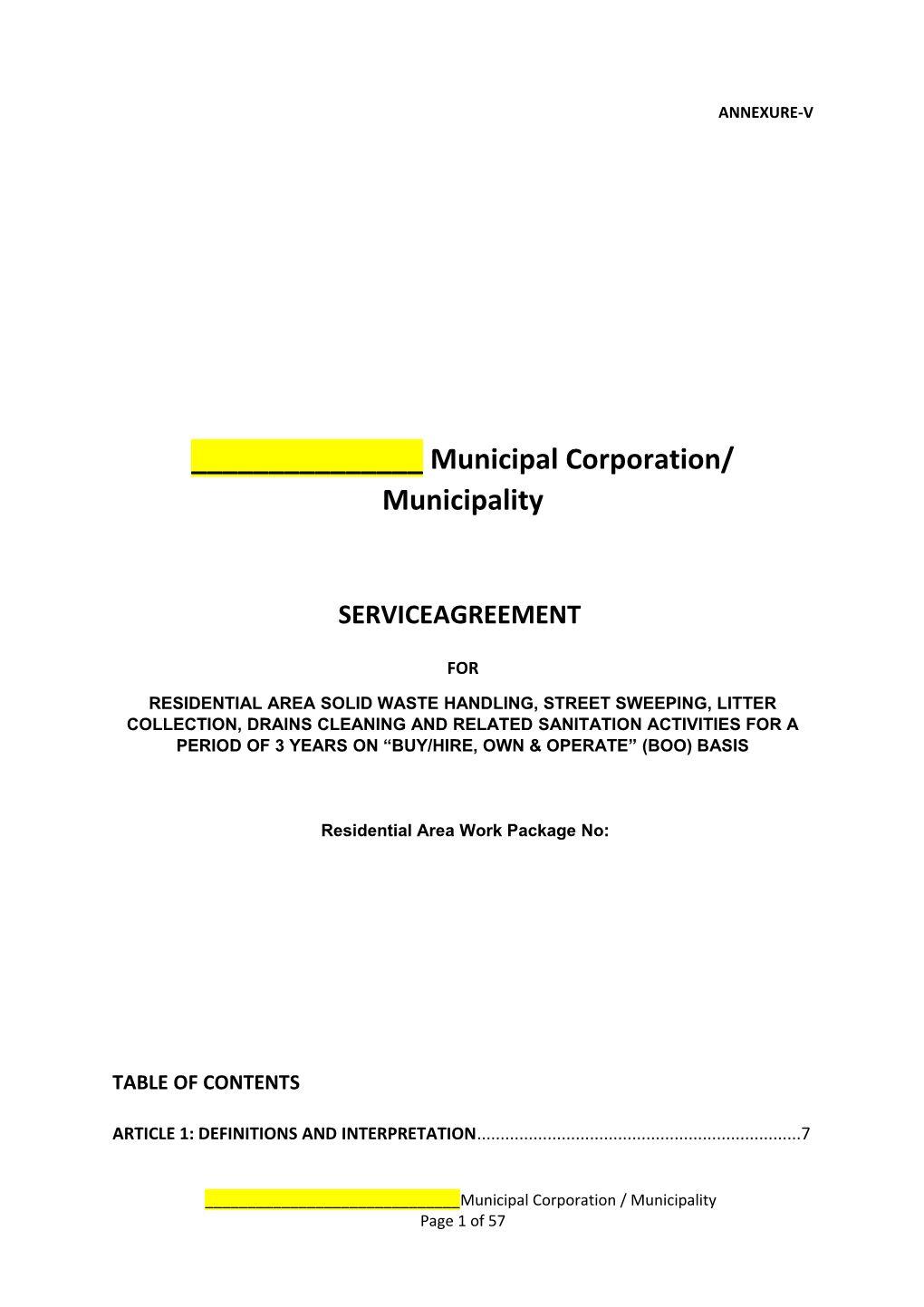 Service Agreement for Residential Area Sanitation and Solid Waste Handling Work Package No.____