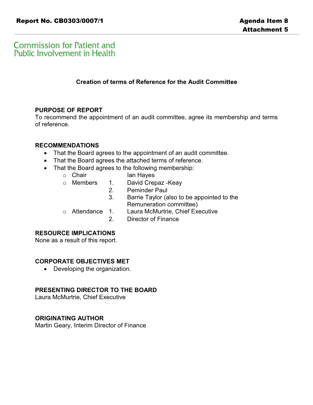 Creation of Terms of Reference for the Audit Committee