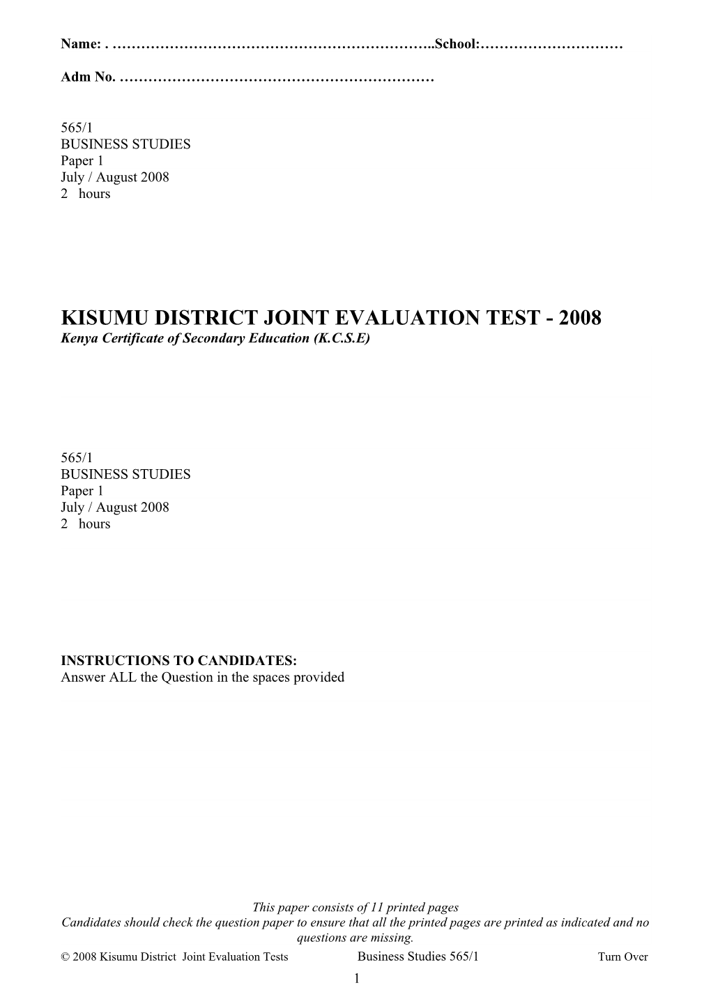 Kisumu District Joint Evaluation Test - 2008