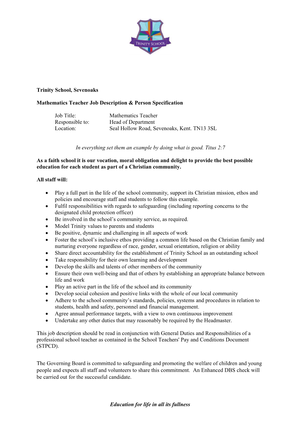 Mathematics Teacher Job Description Person Specification