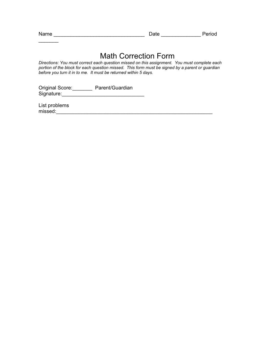 Test Correction Form