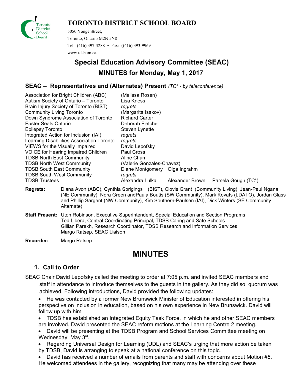 Special Education Advisory Committee (SEAC) TDSB Special Education Reform Draft Motions
