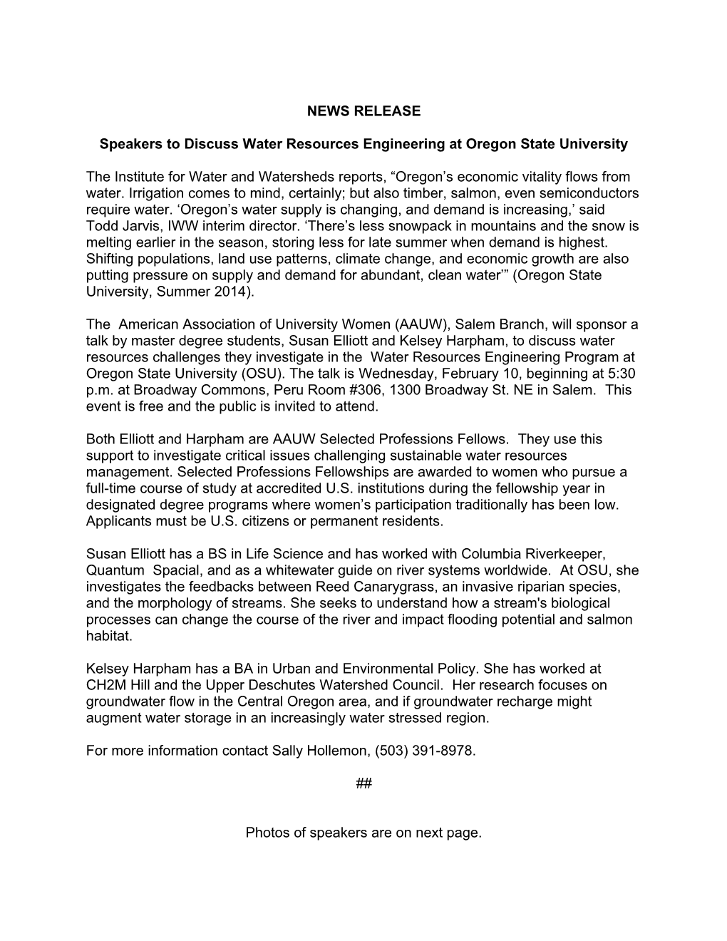 Speakers to Discuss Water Resources Engineering at Oregon State University