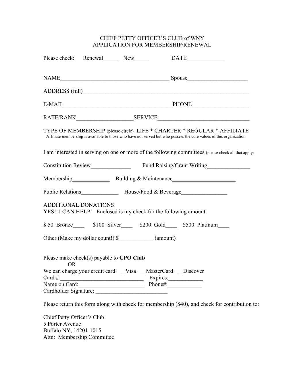 CHIEF PETTY OFFICER S CLUB of WNY APPLICATION for MEMBERSHIP