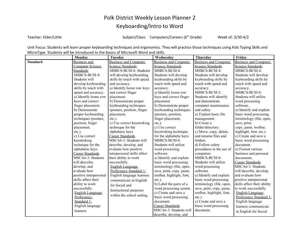 Teacher : Elder/Little Subject/Class: Computers/Careers (6Th Grade) Week Of: 3/30-4/2