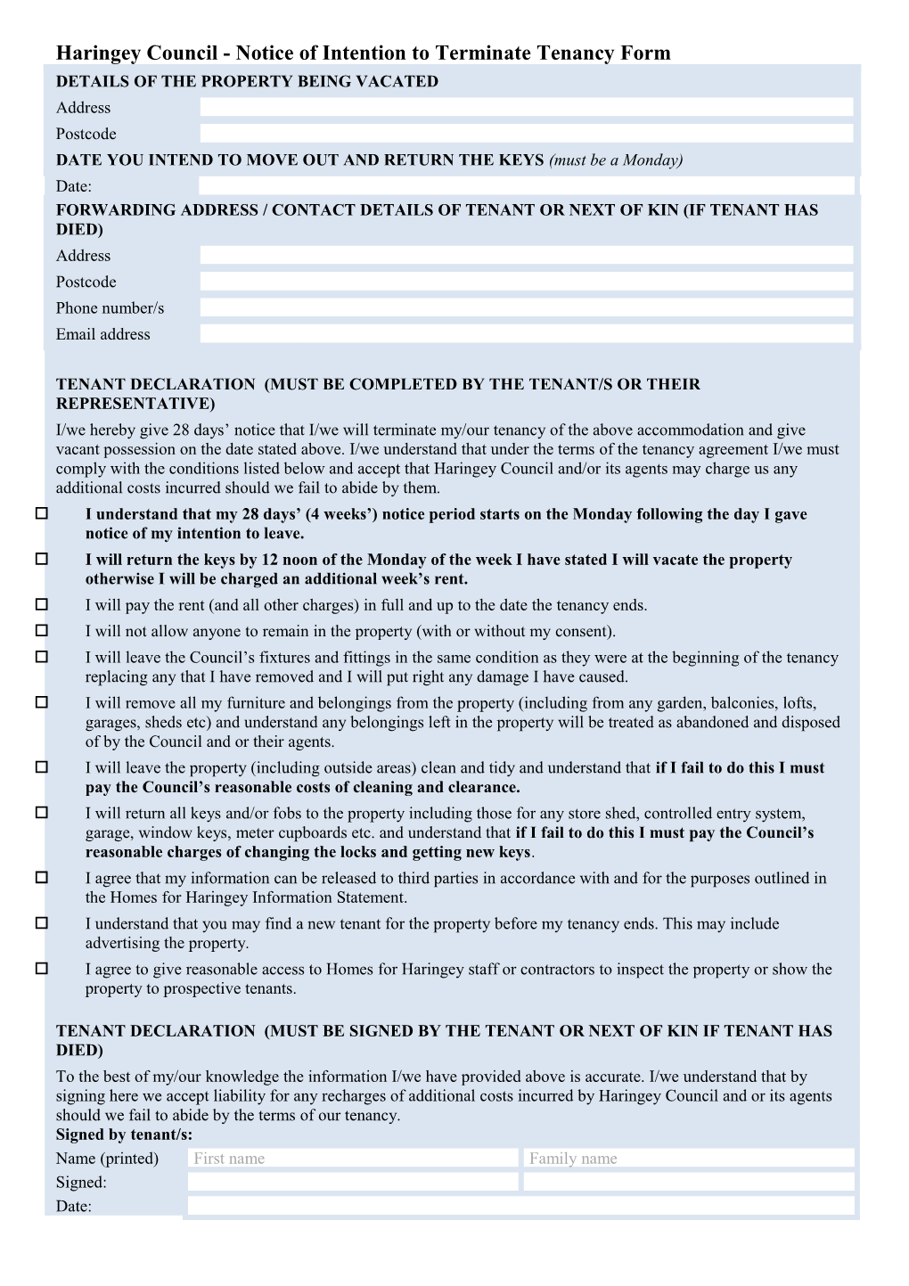 Haringey Council - Notice of Intention to Terminate Tenancy Form