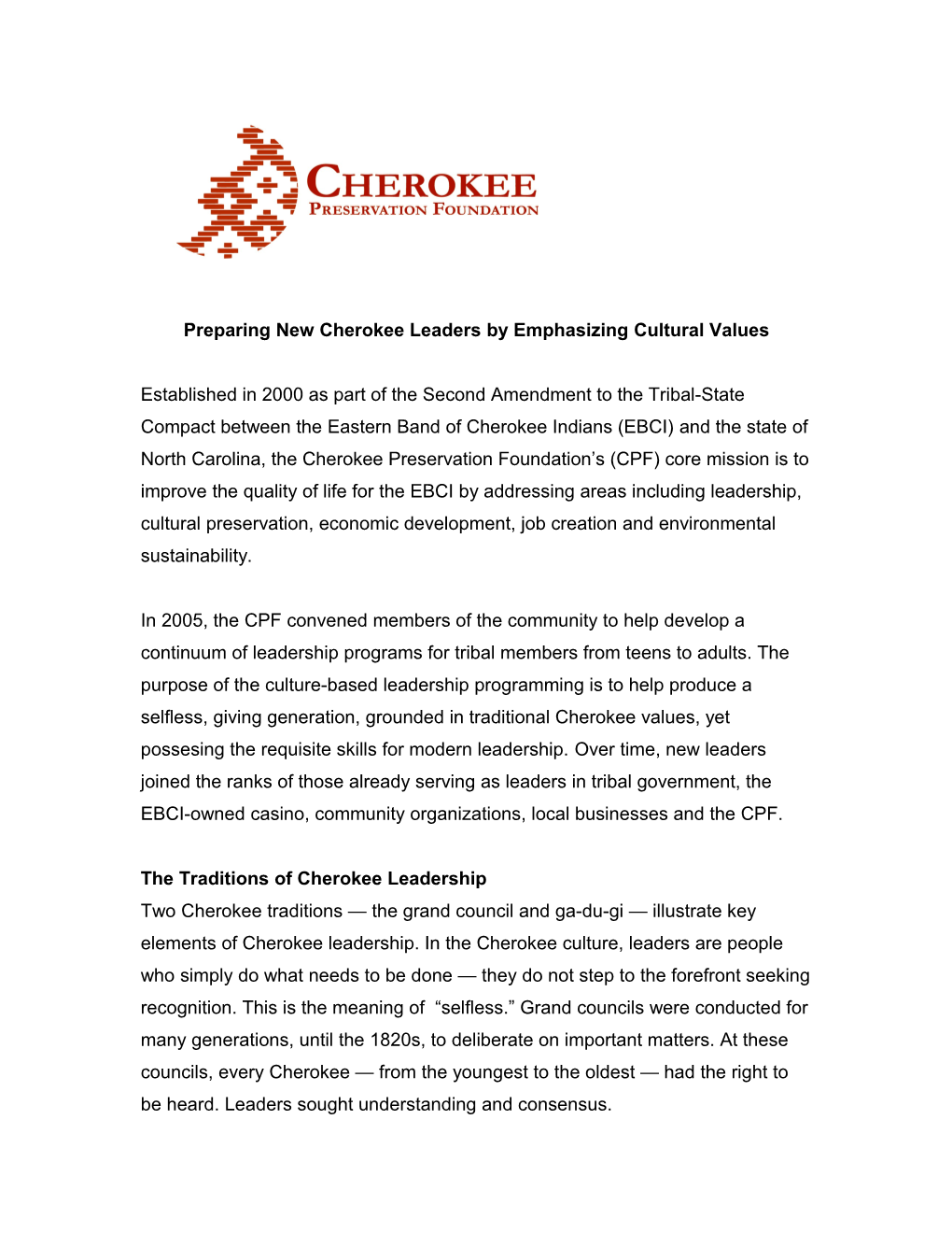 Preparing New Cherokee Leaders by Emphasizing Cultural Values
