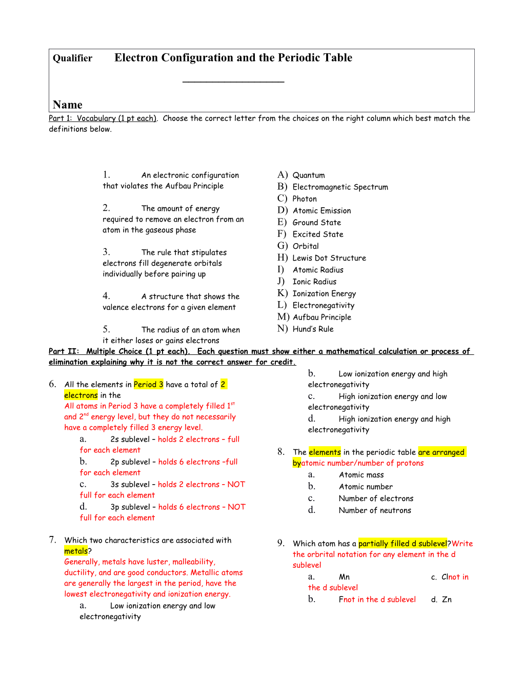 Qualifier Electron Configuration and the Periodic Table______