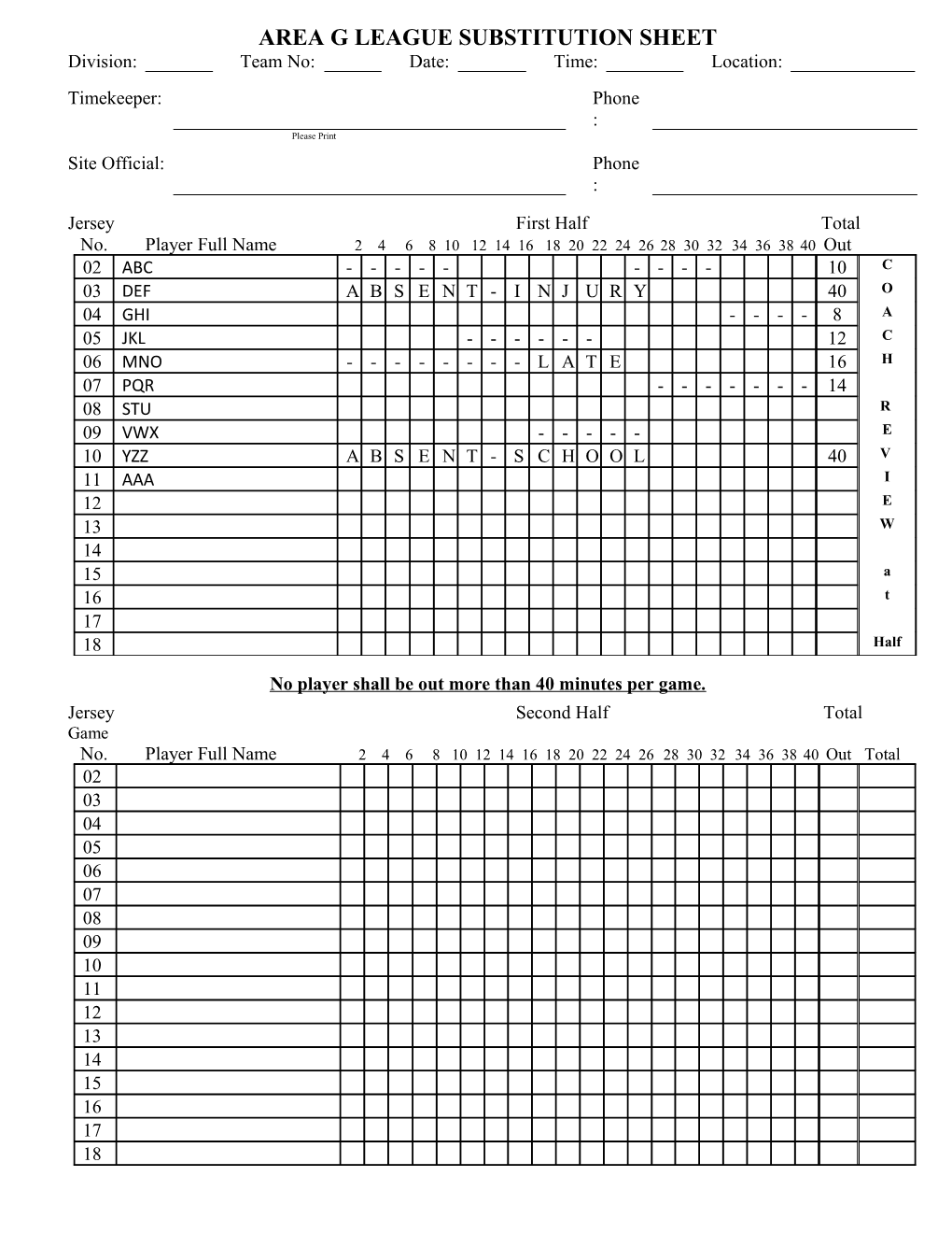 Area G Division 1 and 2 Substitution Sheet