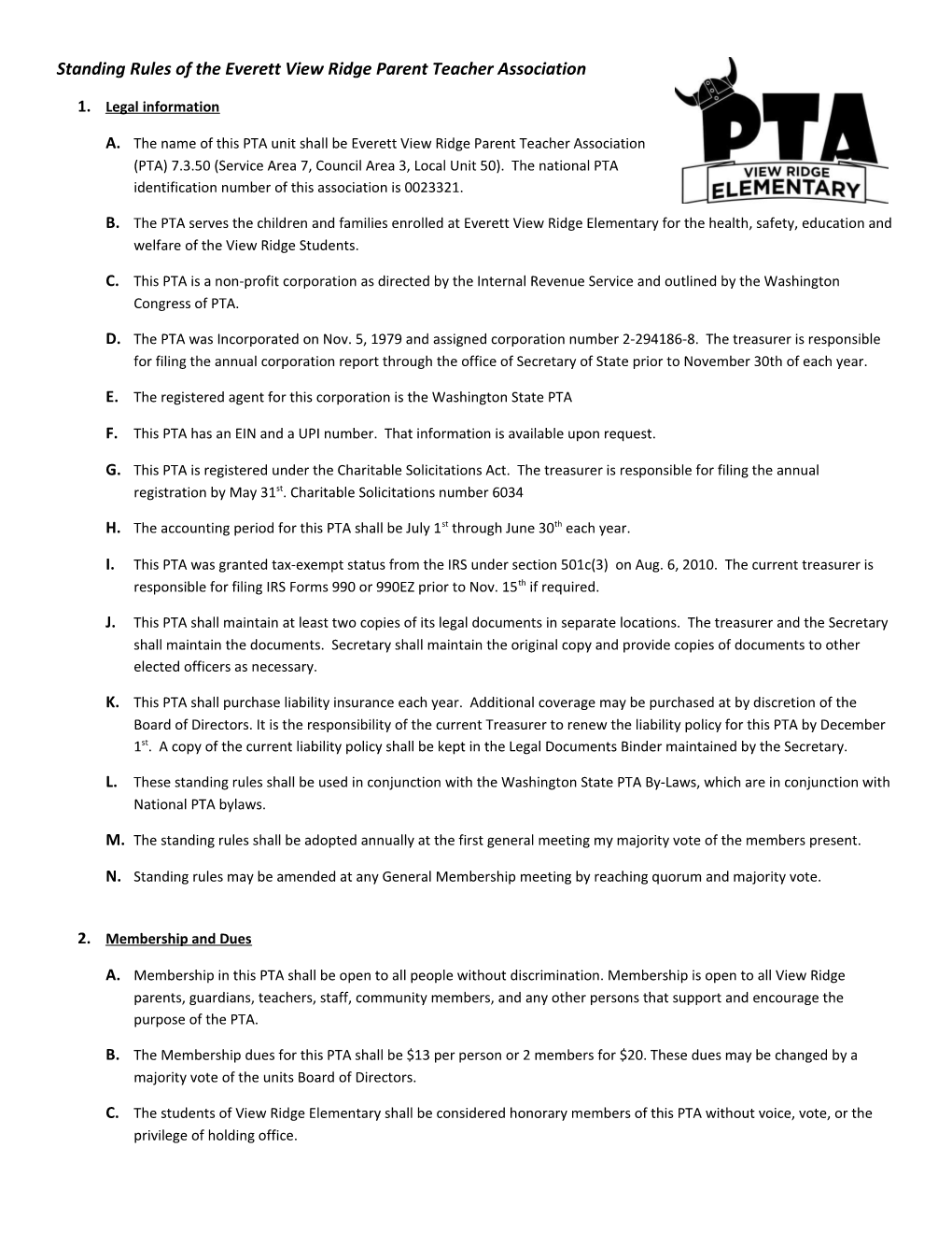 Standing Rules of the Everett View Ridge Parent Teacher Association