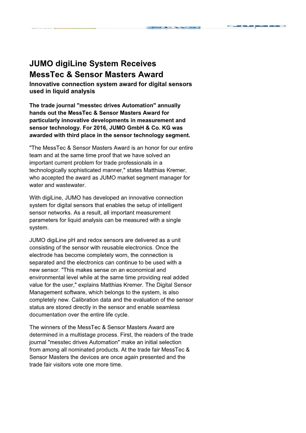 Innovative Connection System Award for Digital Sensors Used in Liquid Analysis