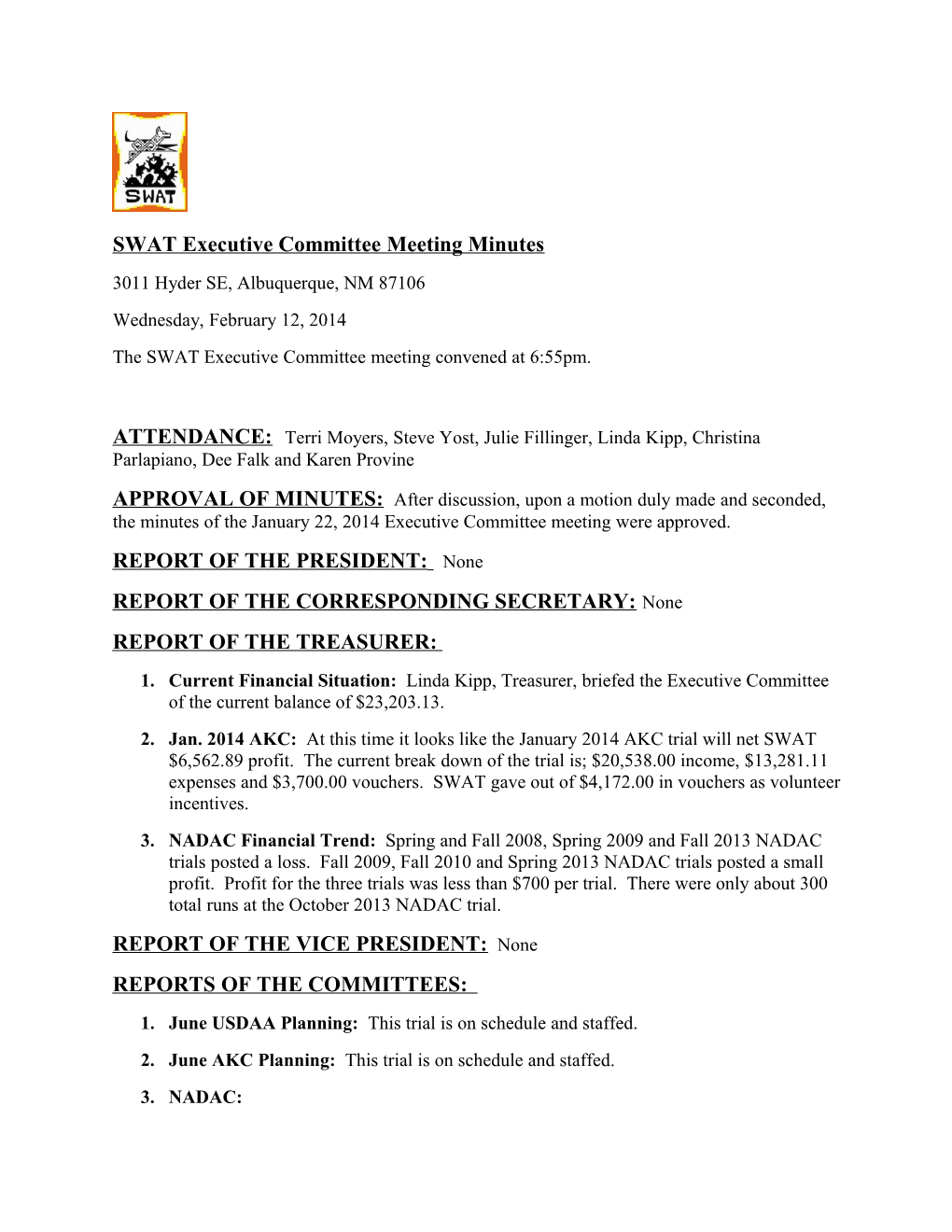 SWAT Executive Committee Meeting Minutes