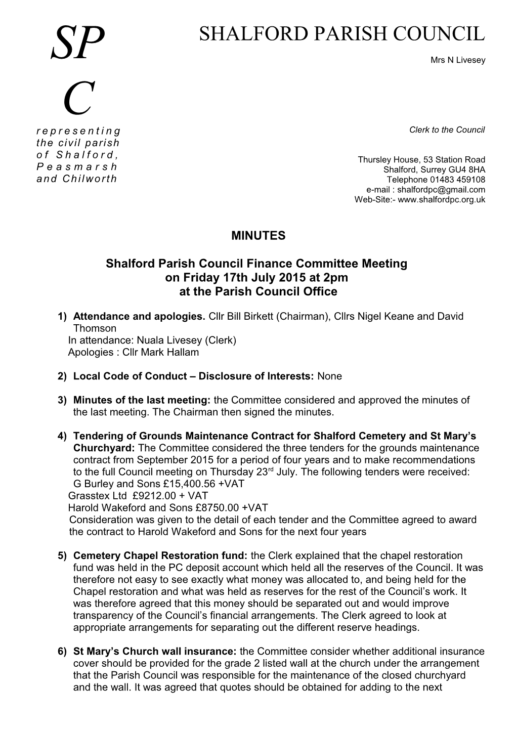Shalford Parish Council Finance Committee Meeting