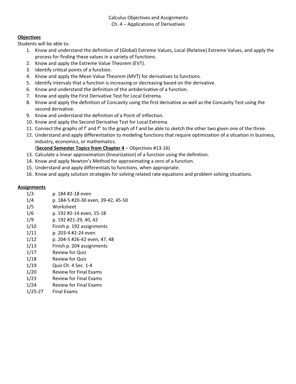 Calculus Objectives and Assignments