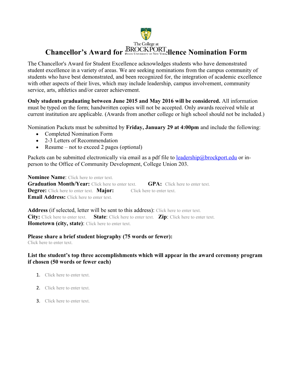 Chancellor S Award for Student Excellence Nomination Form