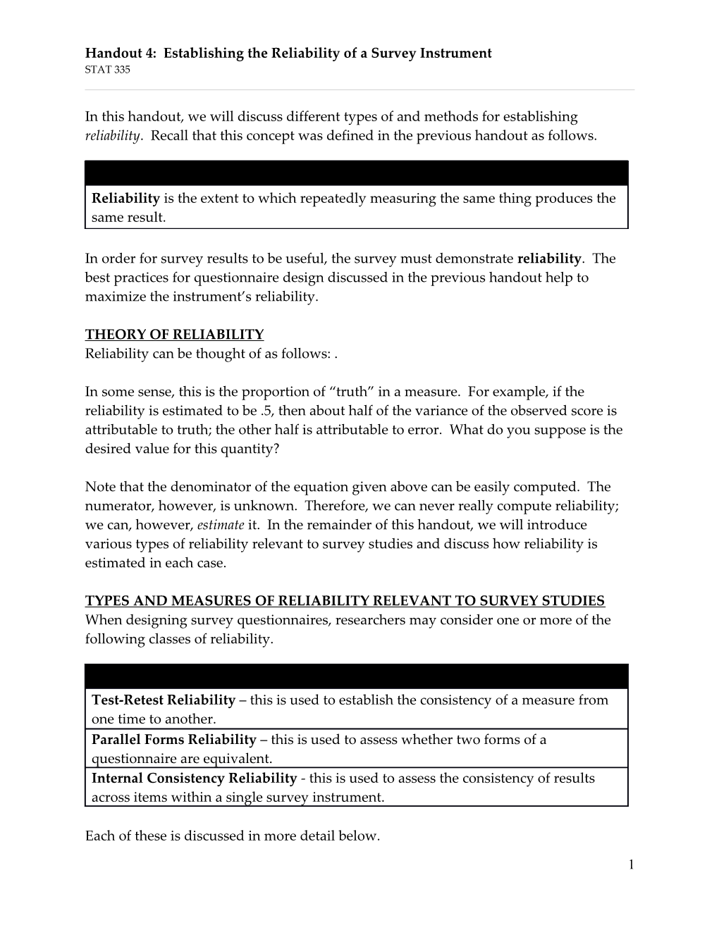 Handout 4: Establishing the Reliability of a Survey Instrument