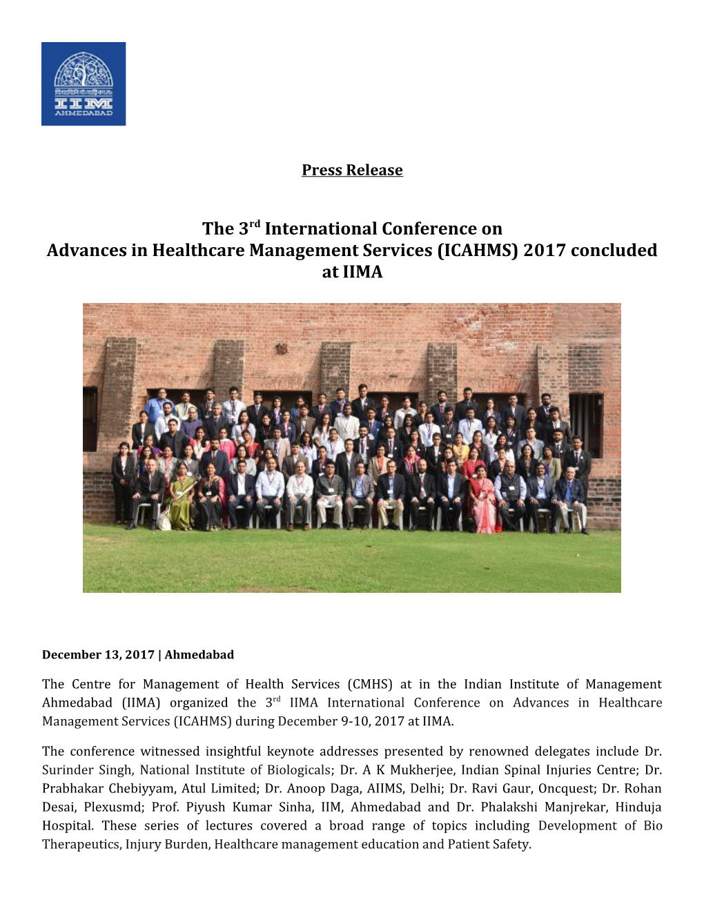 Advances in Healthcare Management Services (ICAHMS) 2017 Concluded at IIMA
