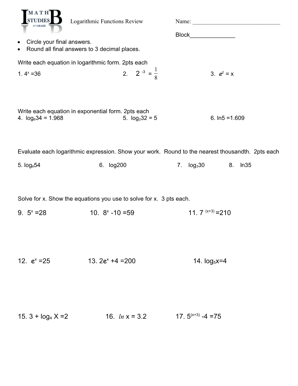 Algebra 2 Logarithm Test ( Math Skills