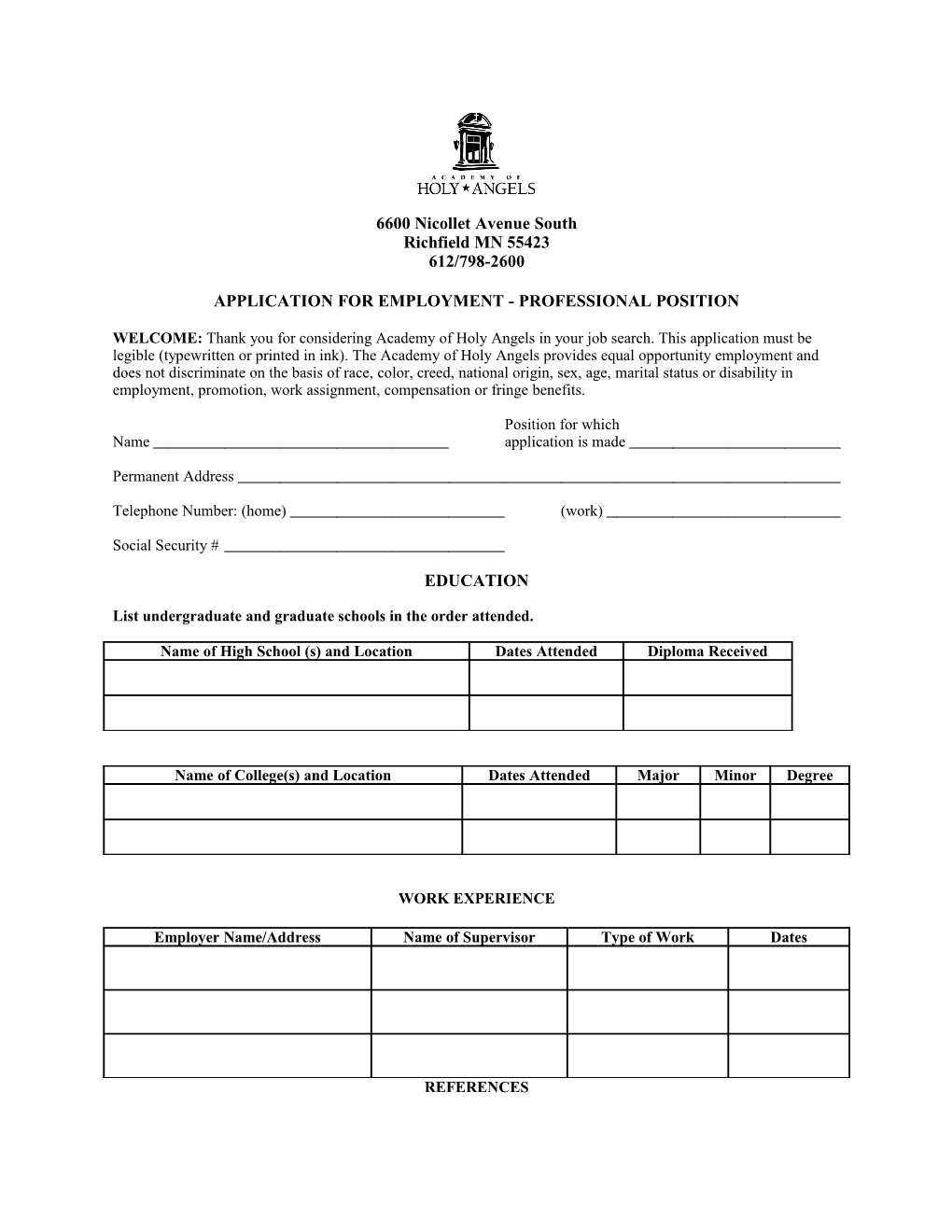 Application for Employment - Professional Position