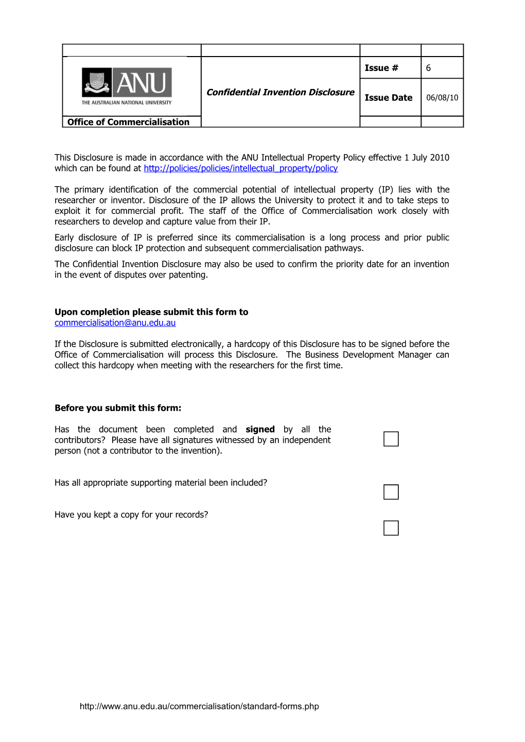 Record of Invention / Discovery Disclosure / Intellectual Property Notification Form