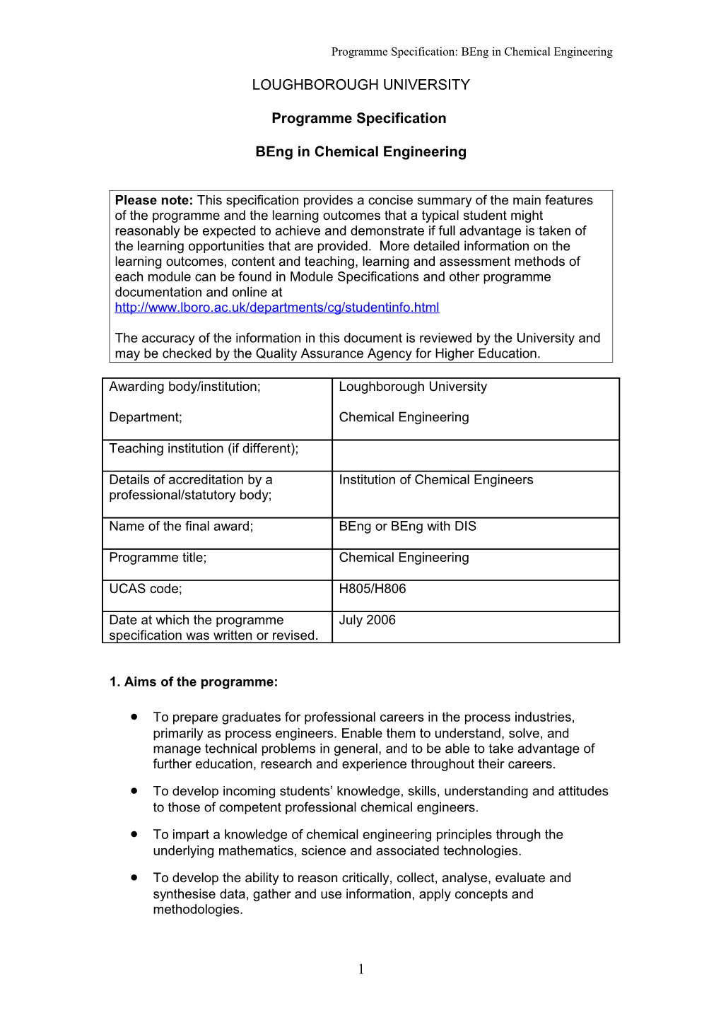 Programme Specification: Beng in Chemical Engineering