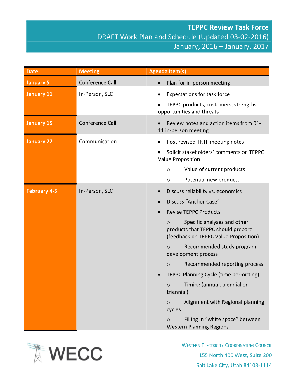 TRTF Work Plan and Schedule