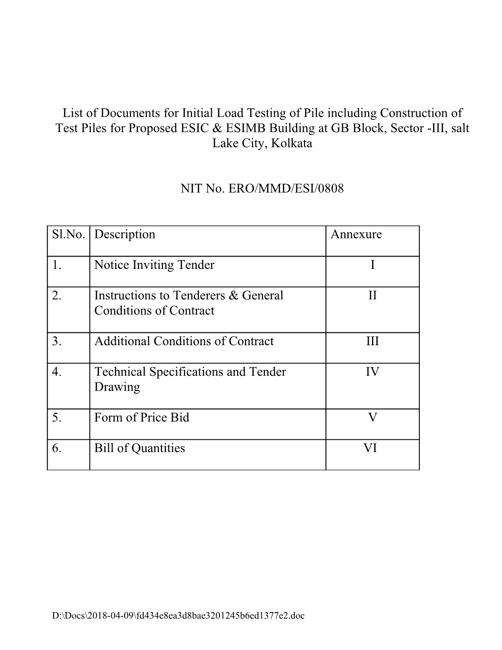 List of Documents for Initial Load Testing of Pile Including Construction of Test Pipes