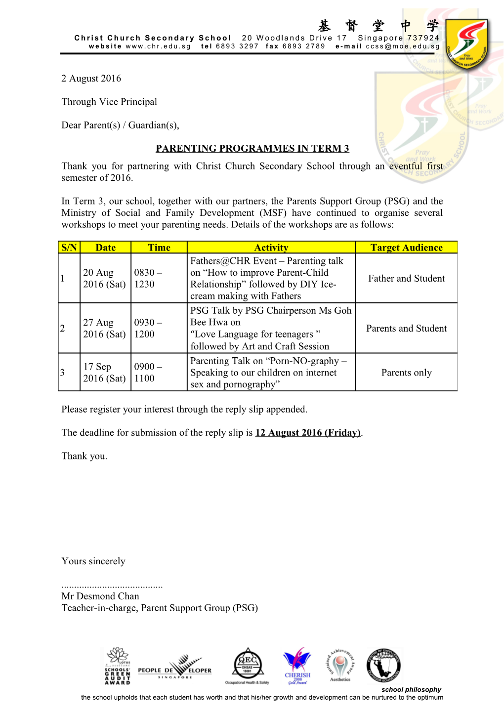 Christ Church Secondary School 20 Woodlands Drive 17 Singapore 737924