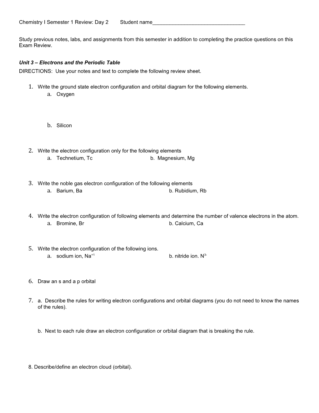 Chemistry I Semester 1 Review: Day 2 Student Name______