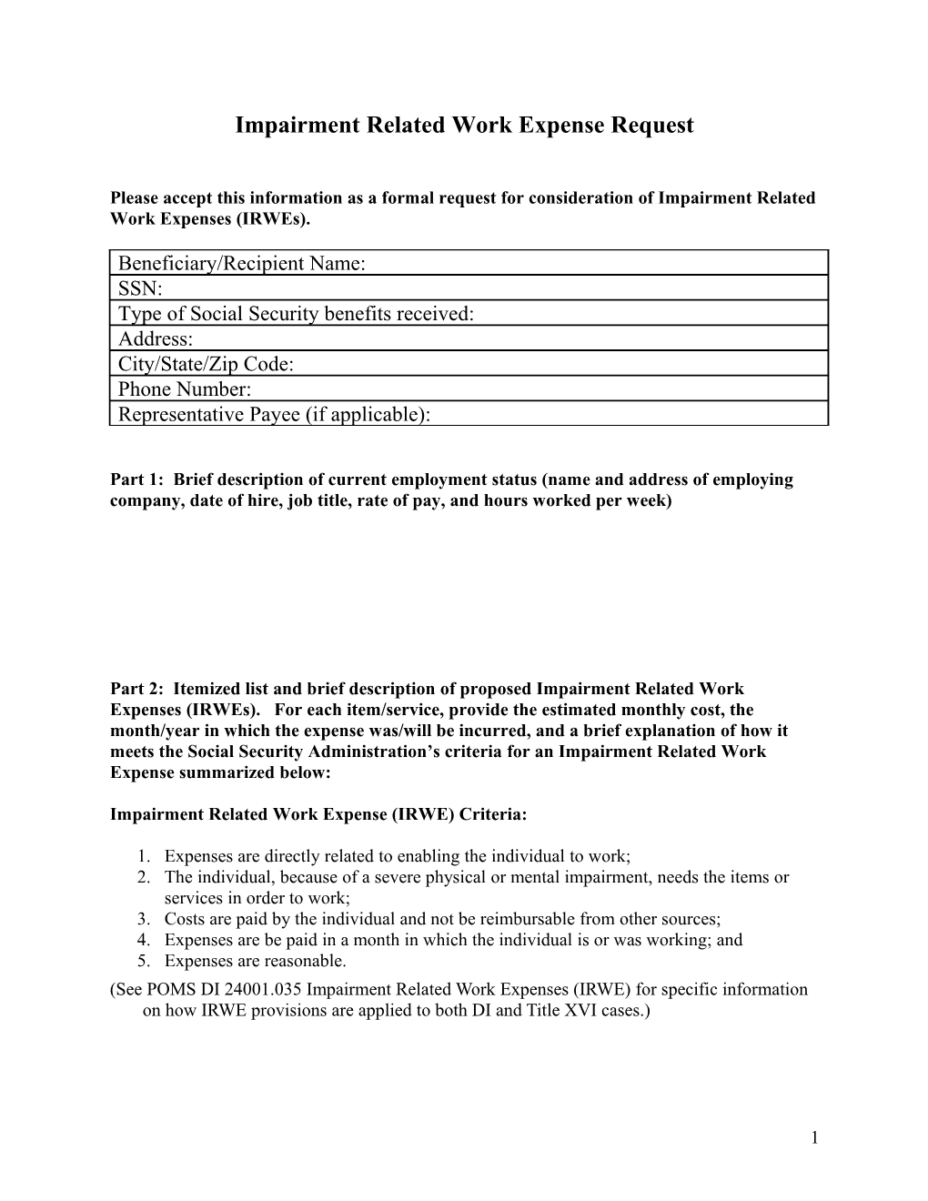 Impairment Related Work Expense Request Form