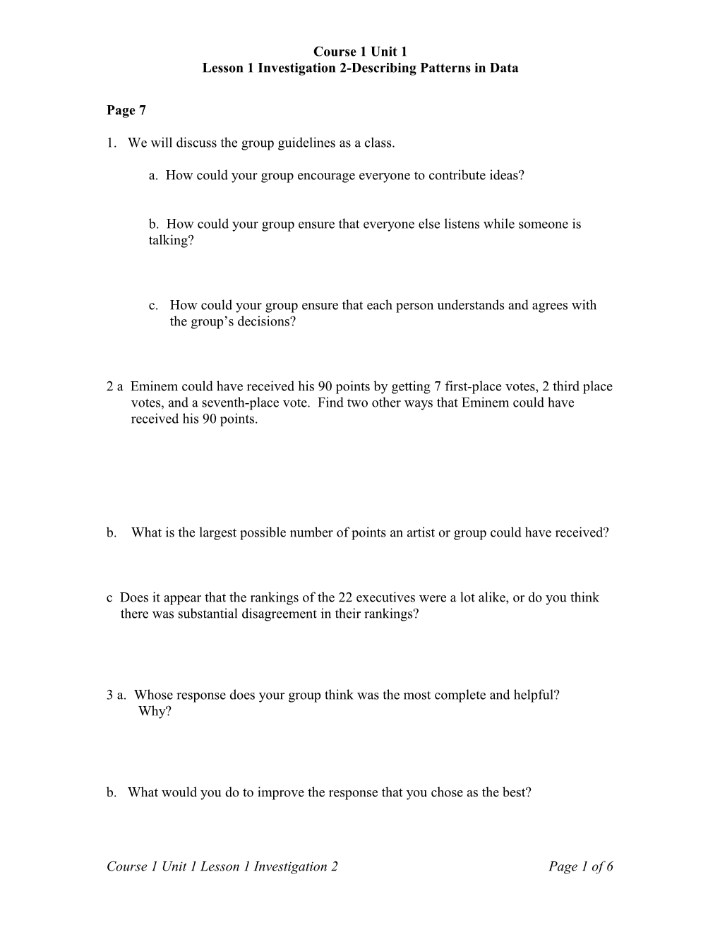 Lesson 1 Investigation 2-Describing Patterns in Data