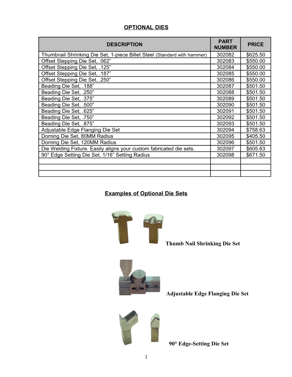 Examples of Optional Die Sets