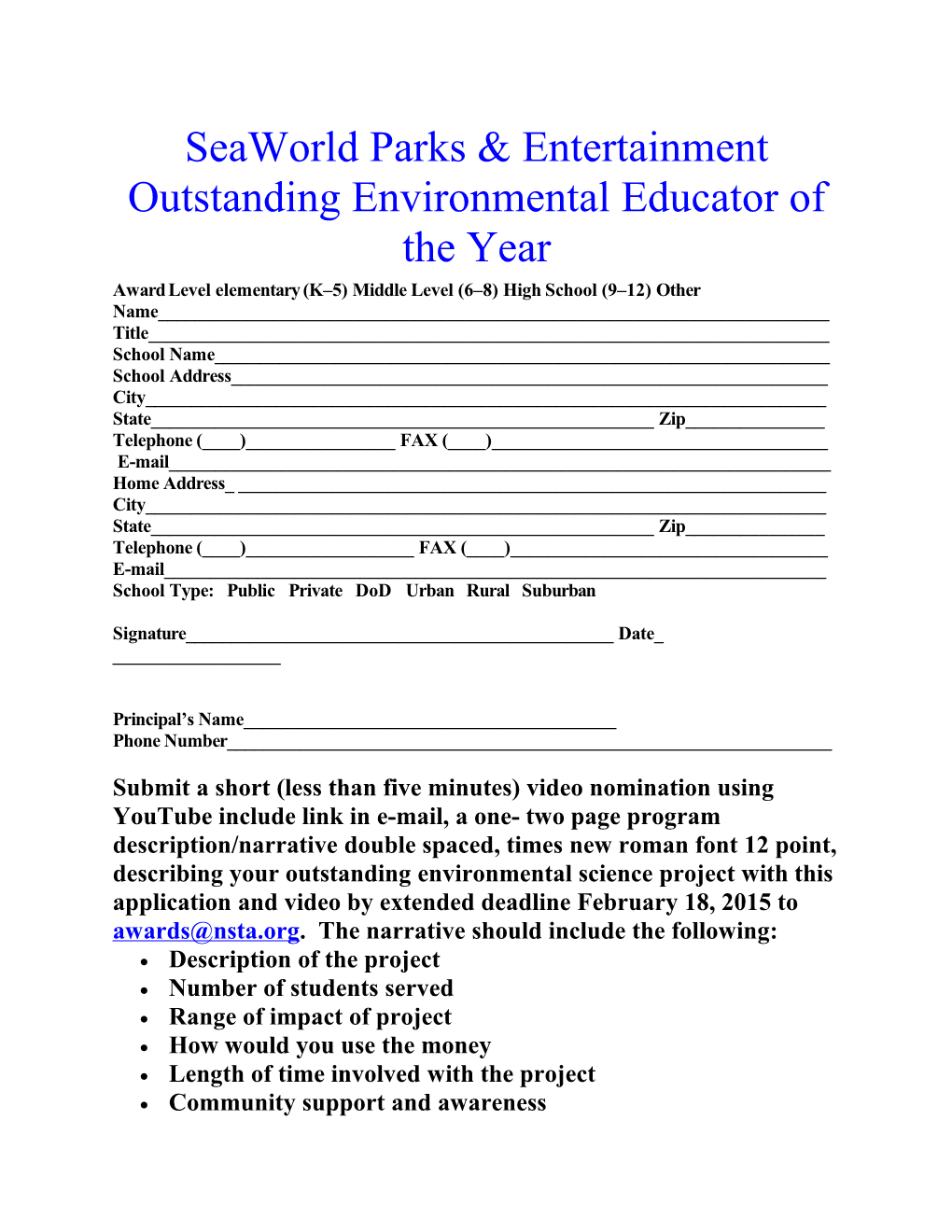 Seaworld Parks & Entertainment Outstanding Environmental Educator of the Year