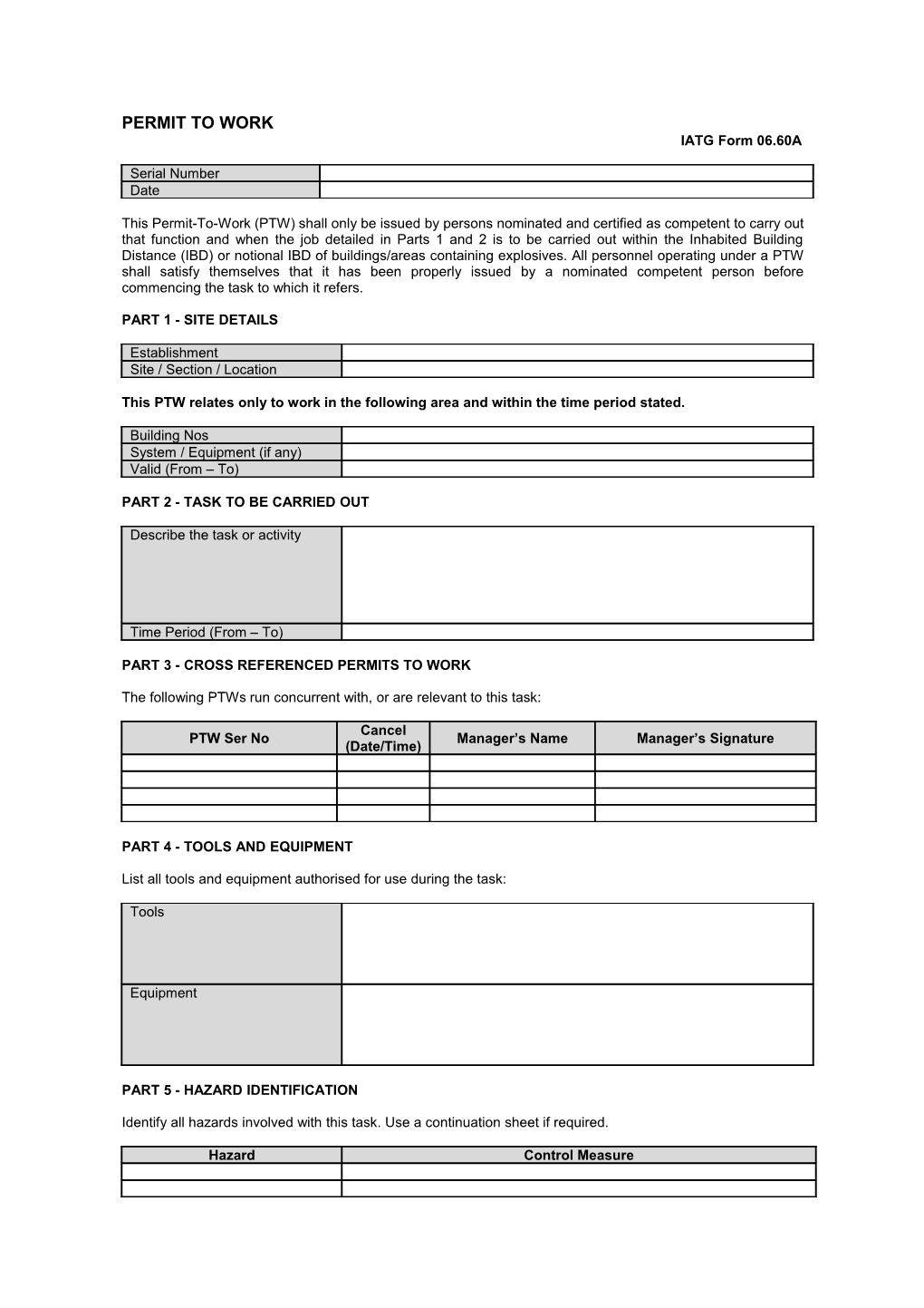 PERMIT to WORK IATG Form 06.60A