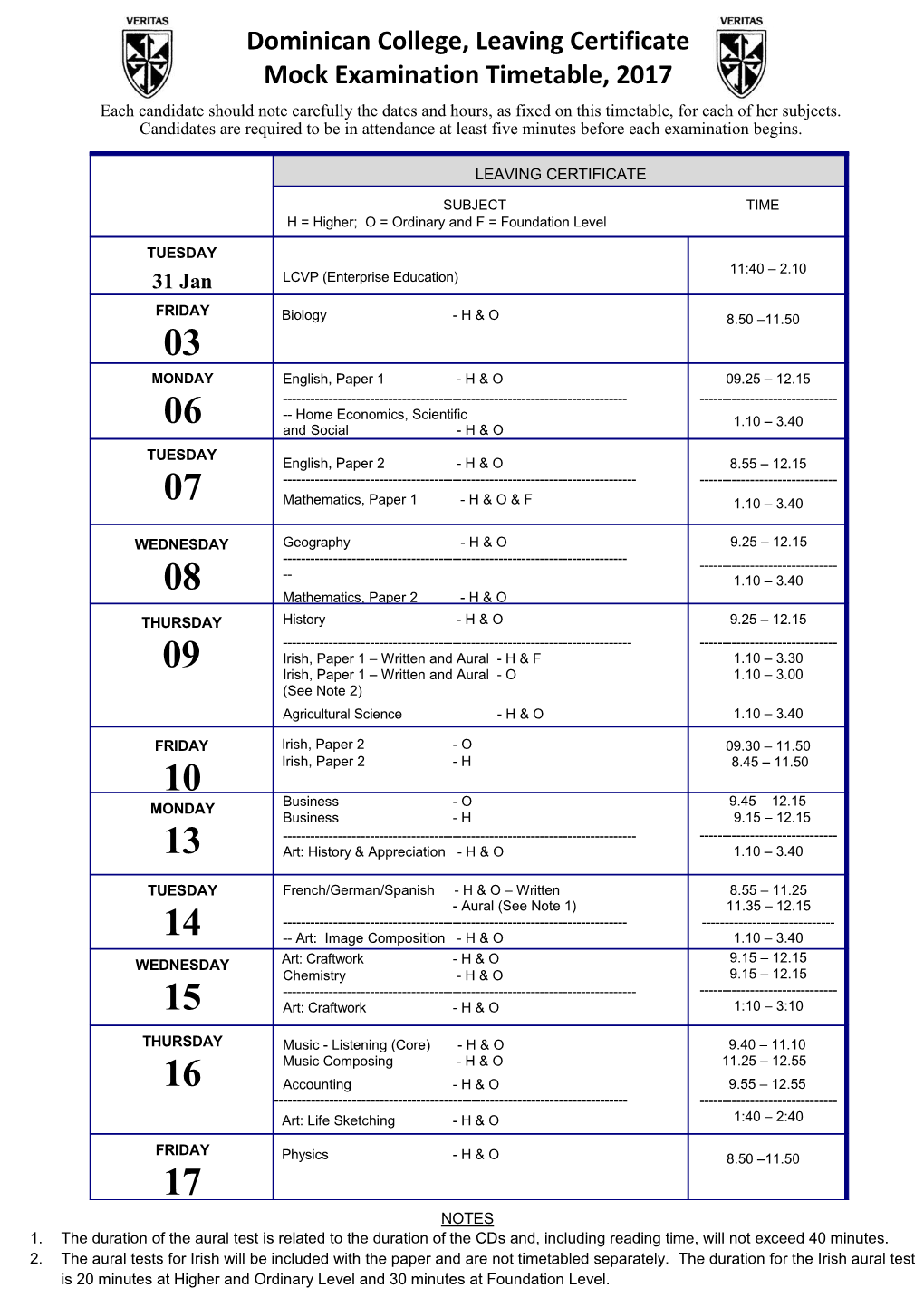 Mock Examination Timetable, 2017