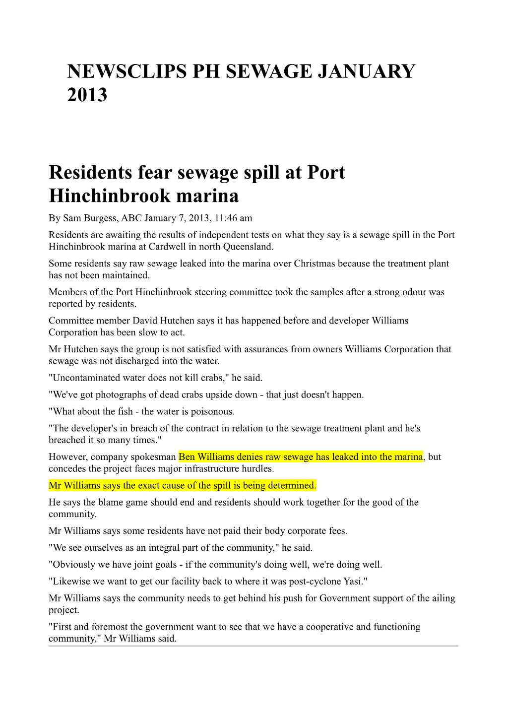 Residents Fear Sewage Spill at Port Hinchinbrook Marina