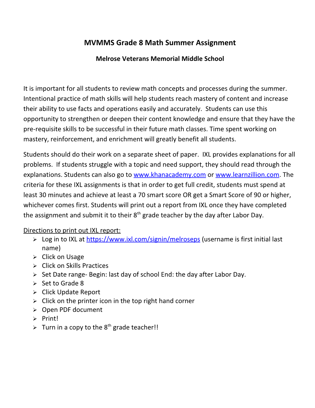 MVMMS Grade 8 Math Summer Assignment
