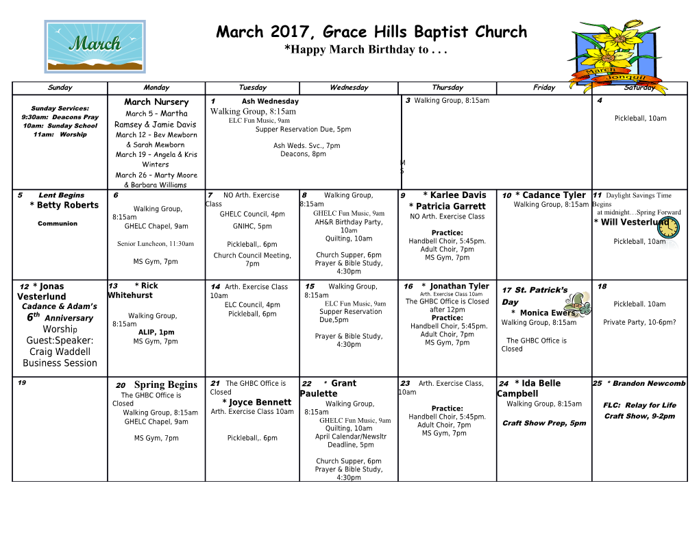 Grace Hills Baptist Church Calendar