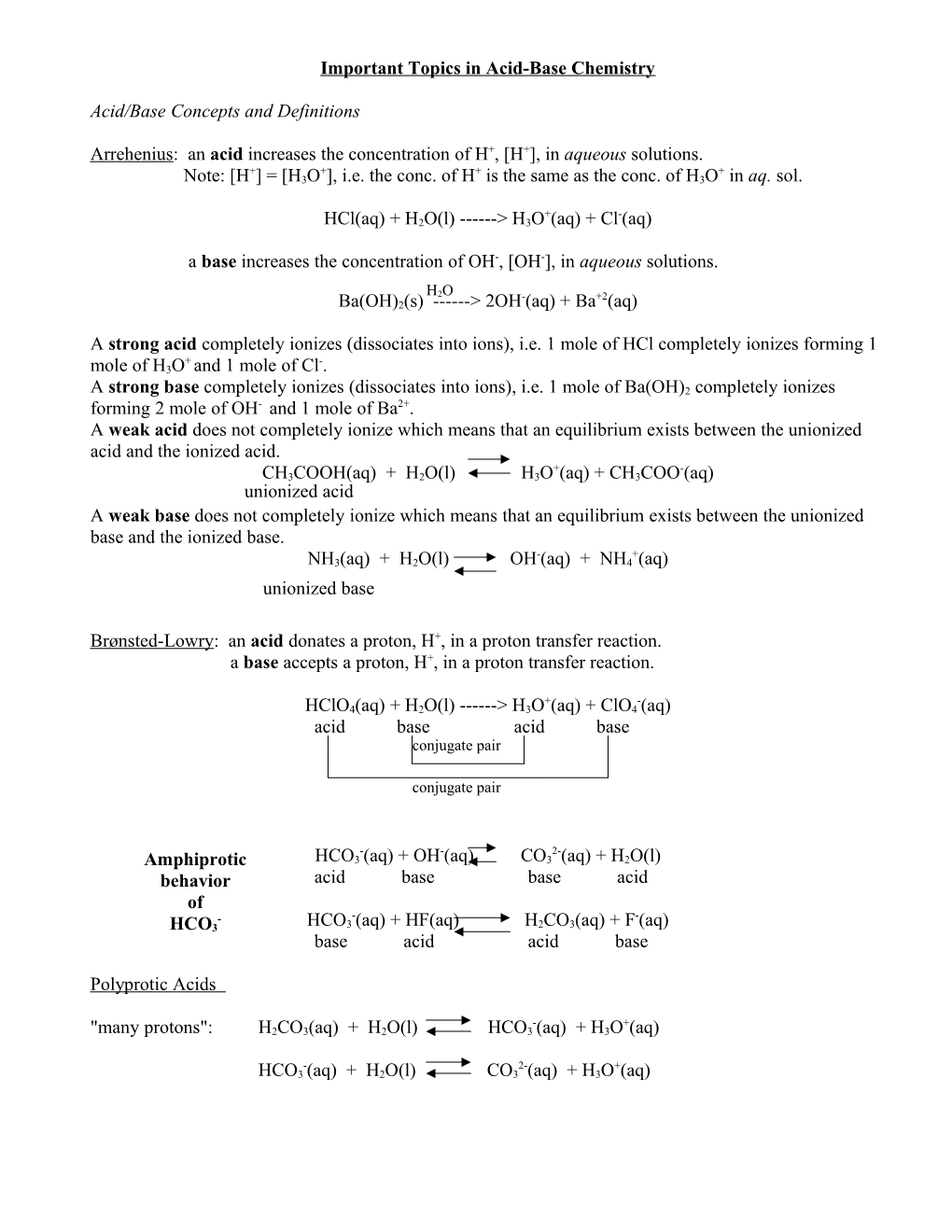 Chemistry 122, Important Topics in Ebbing-Chapter 15: Acids and Bases