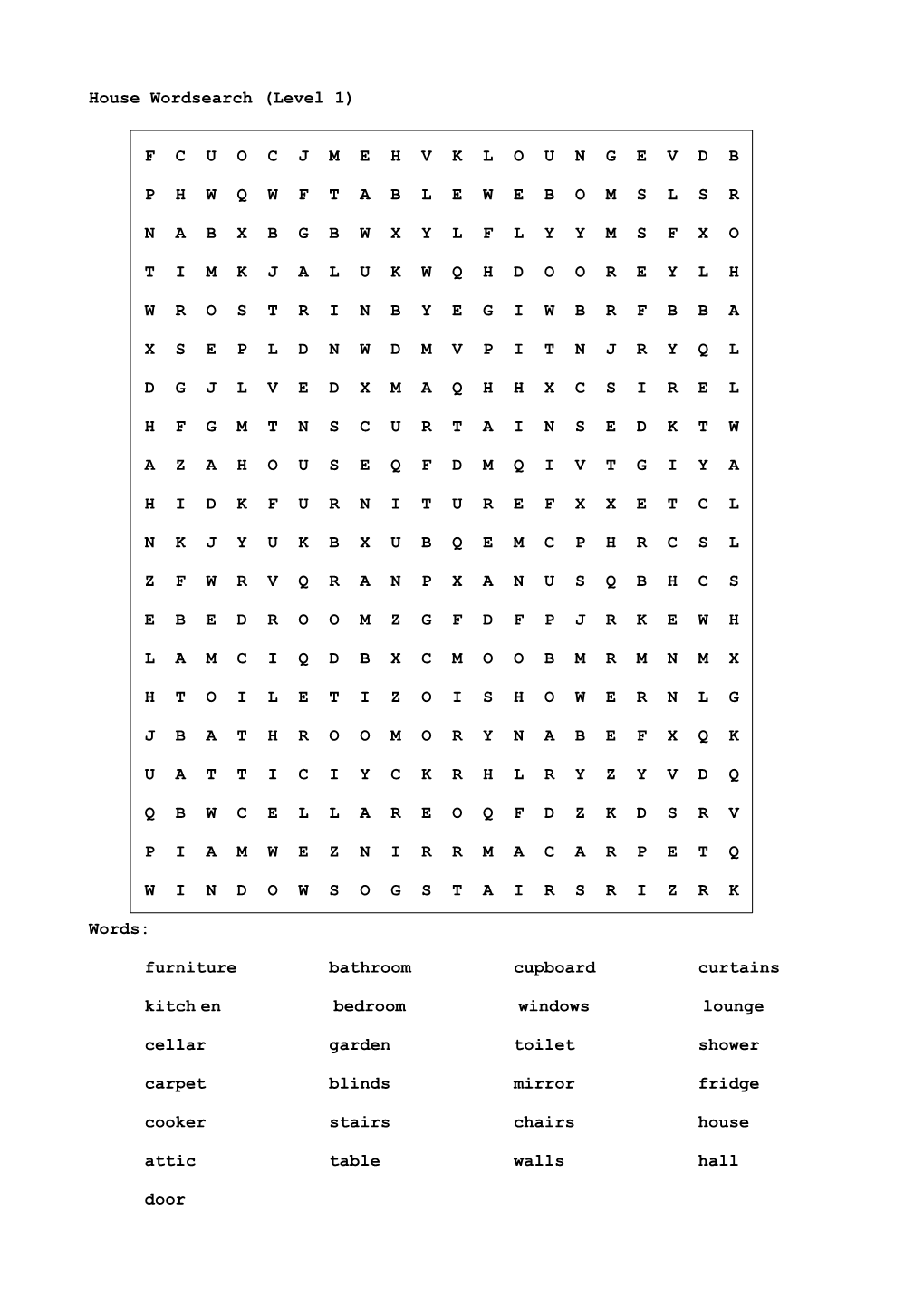 House Wordsearch (Level 1)