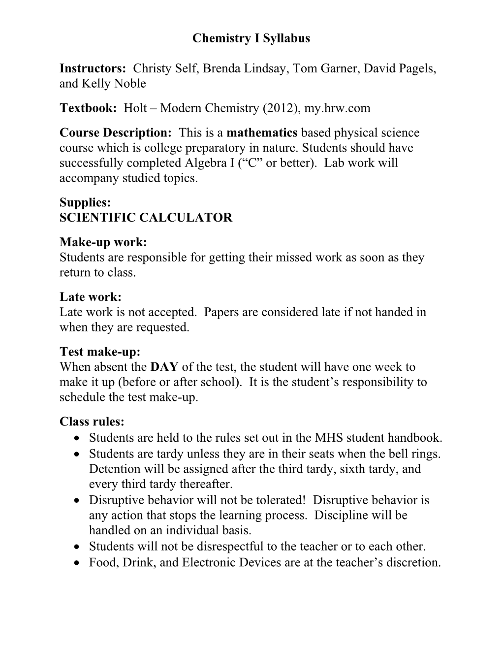 Chemistry I Syllabus s1