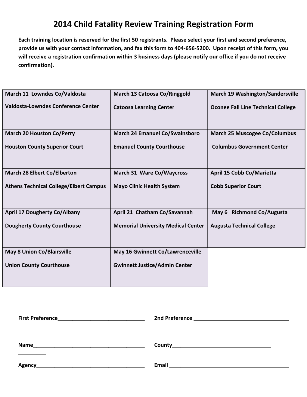 2014 Child Fatality Review Training Registration Form