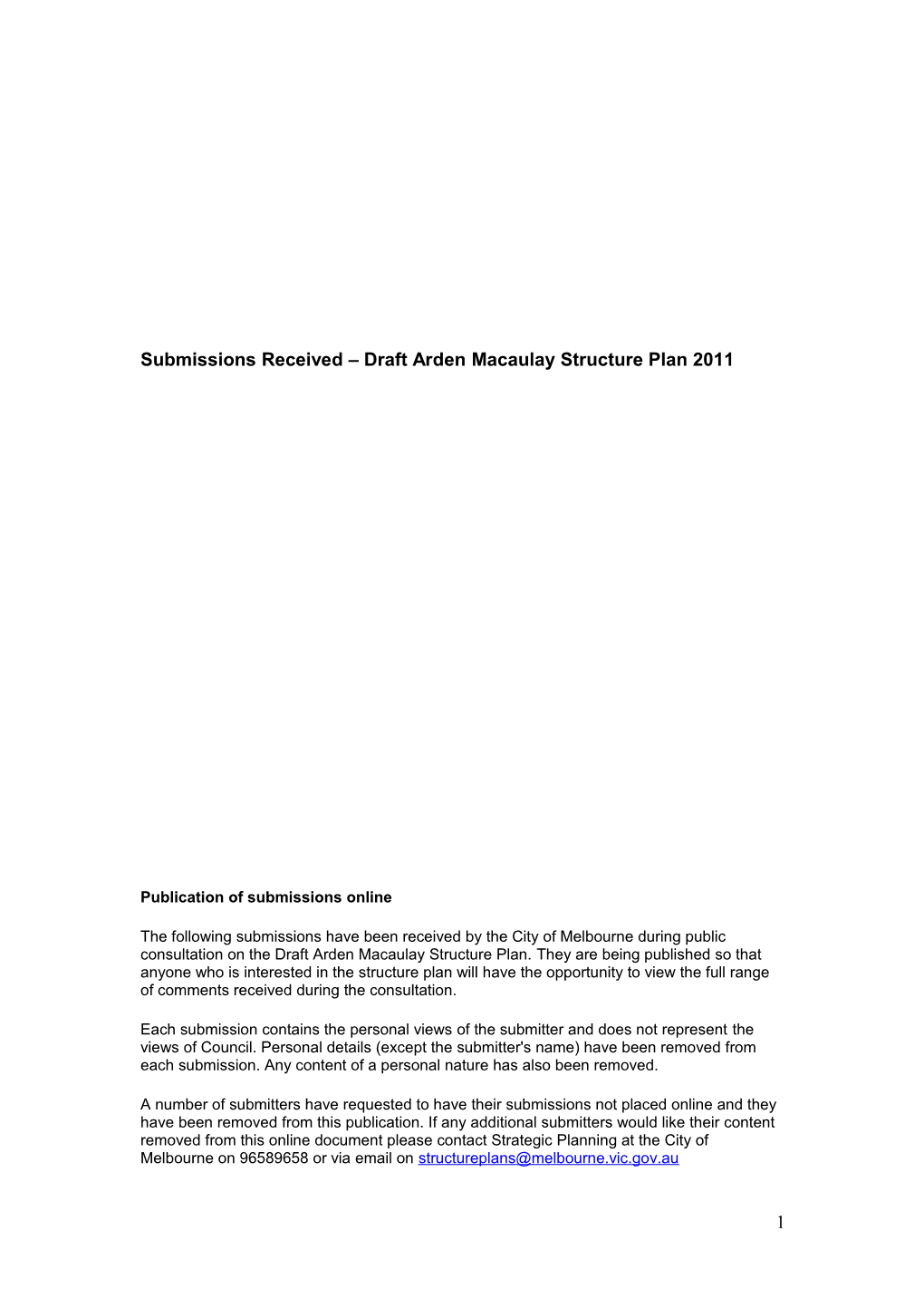 Submissions Received Draft Arden Macaulay Structure Plan 2011