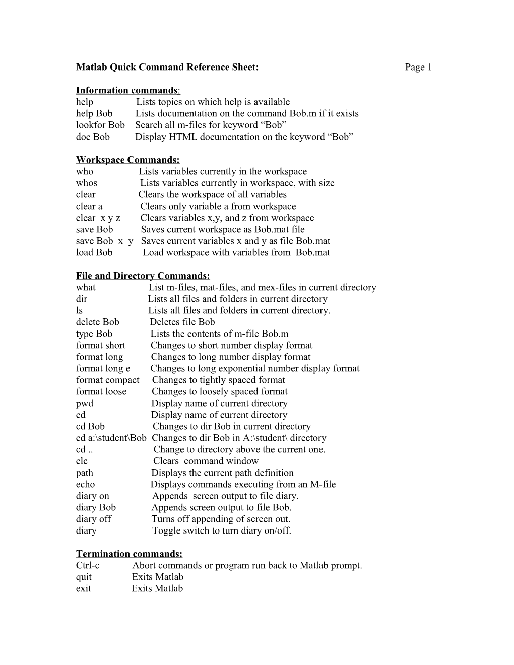 Matlab Quick Command Reference Sheet: Page 1