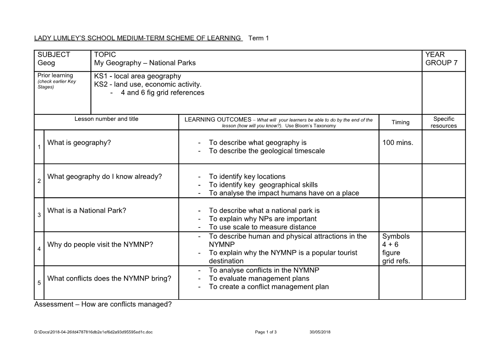 LADY LUMLEY S SCHOOL MEDIUM-TERM SCHEME of LEARNING Term 1