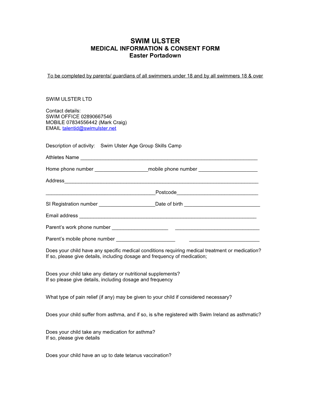 Medical Information & Consent Form